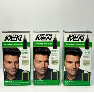 Just For Men Shampoo-In Color Real Black H-55 Hair Dye Lot of 3 Kits